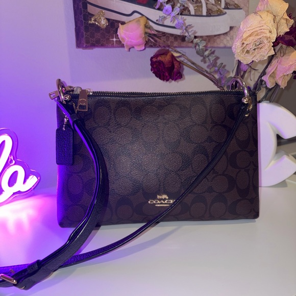 Coach Handbags - Coach Mia Crossbody Signature Canvas Brown Black Gold F76646 EUC